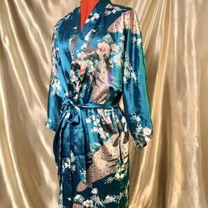 Sea blue long satin robe with peacock and floral design.